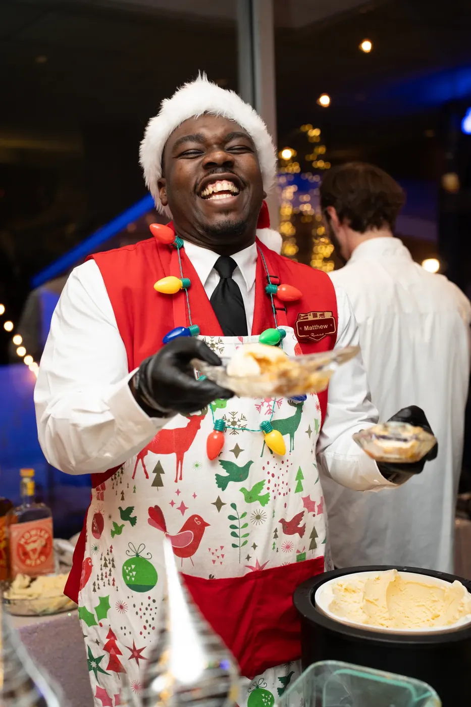 Server in a Christmas apron