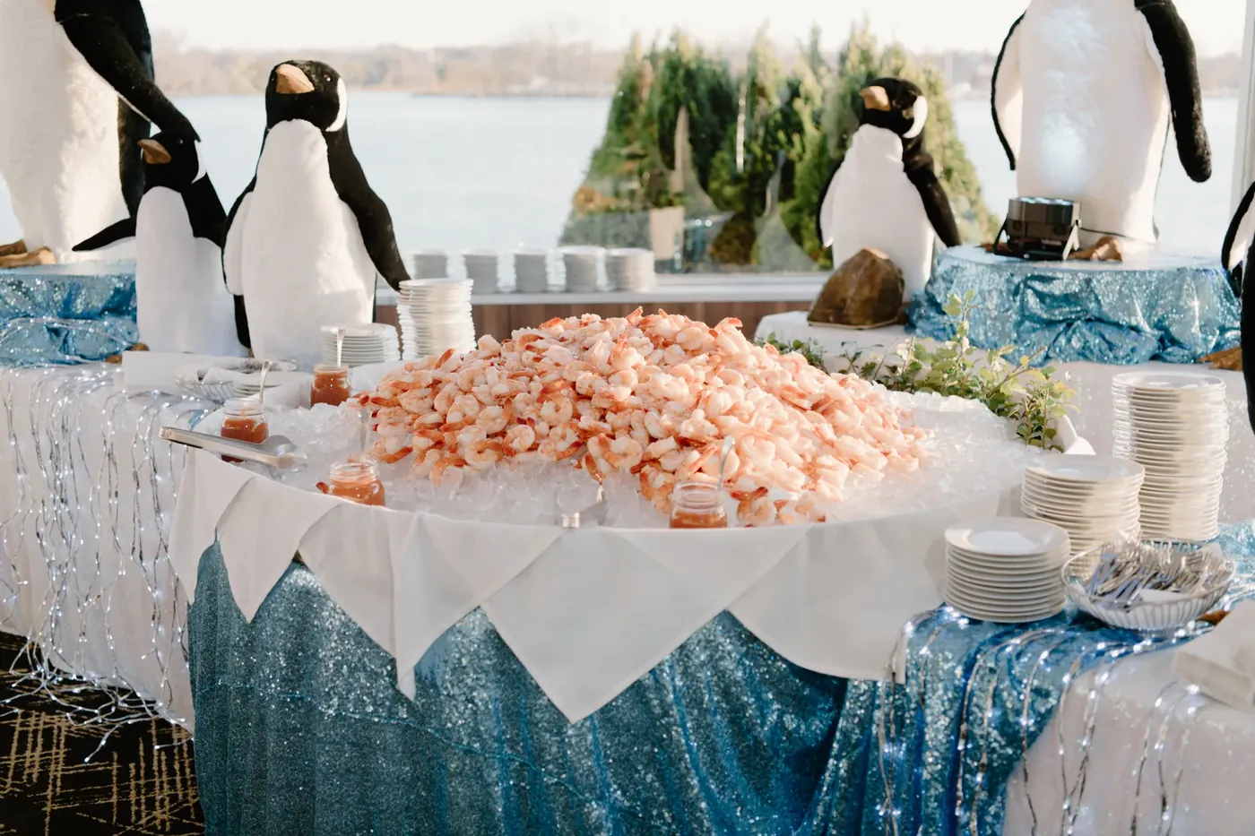 Shrimp mountain with penguins, river behind