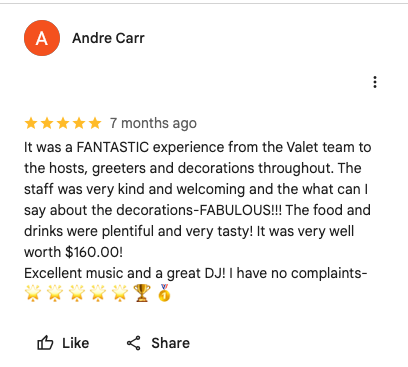 5-star Google review by Andre Carr: fantastic experience from the valet team to the hosts — well worth it