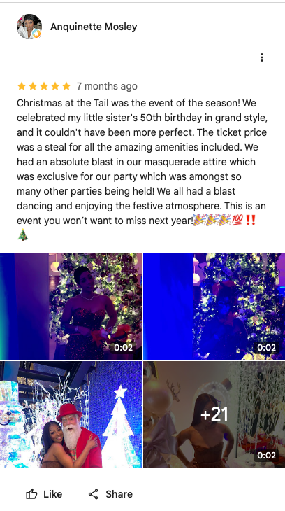 5-star Google review by Anquinette Mosley: Christmas at the Tail was the event of the season — with party photos including Santa