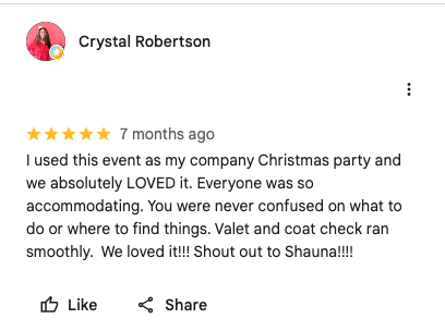 5-star Google review by Crystal Robertson: used this event as my company Christmas party and we absolutely LOVED it