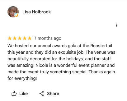 5-star Google review by Lisa Holbrook: hosted our annual awards gala — beautifully decorated for the holidays