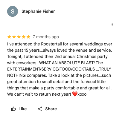5-star Google review by Stephanie Fisher: attended their 2nd annual Christmas party with coworkers — what an absolute blast